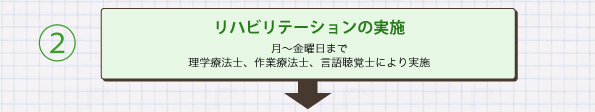 2. リハビリテーションの実施：月～金曜日まで理学療法士、作業療法士、言語聴覚士により実施↓